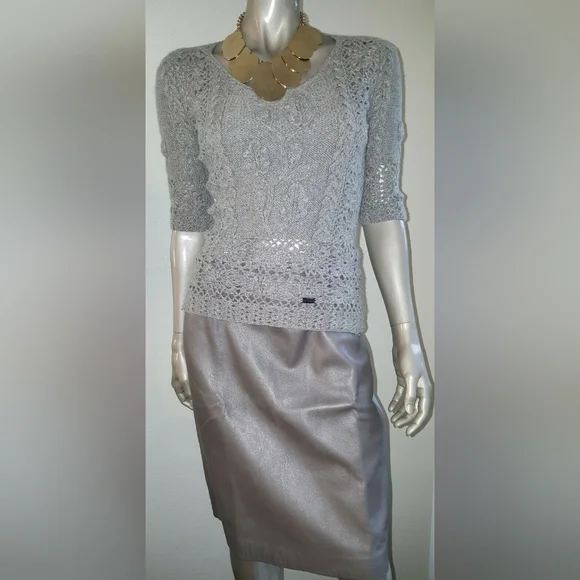 ◇$2,200 OSCAR DE LA RENTA GREY CASHMERE RUNWAY HAND KNIT BLOUSE S
